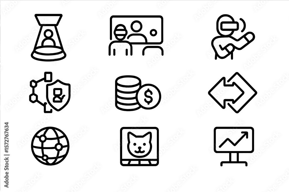 Poster futuristic icons: technology, security, and virtual reality concepts in minimal design