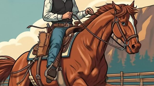 Riding Horse Across Western Landscape Cartoon Style Illustration