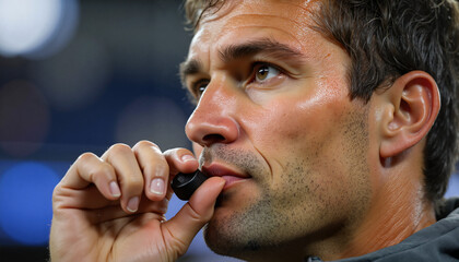 Male sports referee contemplating with whistle in hand during match