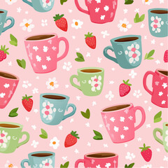 Seamless vector pattern with floral mugs and strawberries. Country style pink background with cute cups. Cottagecore texture for wallpaper, wrapping paper, textile ...