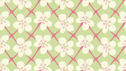 Fototapeta premium Repetitive pattern of white flowers with pink centers and a pink lattice on a light green background