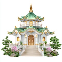 Naklejka premium Elegant Asian Pagoda with Green Roof and Golden Accents Isolated on White