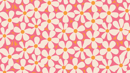 Seamless pattern of white daisy flowers with orange centers on a pink background design repeat