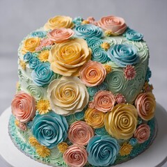 Close-up of pastel-colored buttercream frosting flowers and swirls on a cake.
