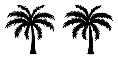 Palm tree silhouette vector set. Includes various black tropical palm tree shapes in minimal style. Isolated on white, perfect for summer, travel, and nature-themed designs.