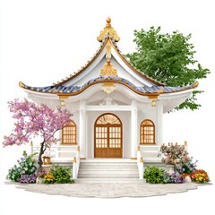 Ornate Japanese Pagoda with Cherry Blossoms and Lush Greenery on White Background