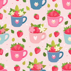 Seamless vector pattern with floral mugs and strawberries. Country style pink background with cute cups. Cottagecore texture for wallpaper, wrapping paper, textile ...