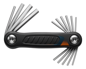 Folding hex key set with multiple sizes in a compact case for a home DIY toolbox.