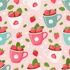 Seamless vector pattern with floral mugs and strawberries. Country style pink background with cute cups. Cottagecore texture for wallpaper, wrapping paper, textile ...