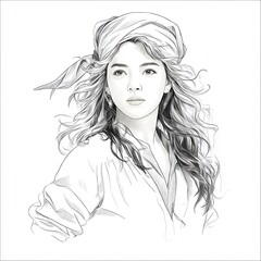 Fototapeta premium Elegant Woman Portrait with Headscarf, Artistic Sketch Style, Black and White Illustration