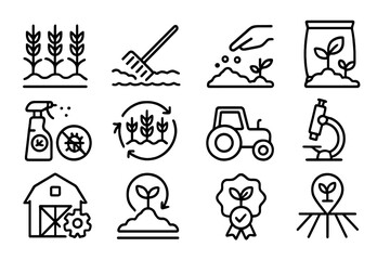 Minimalist icons of agriculture and farming techniques in linear style