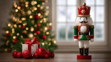 Red nutcracker figurine with Christmas decorations and a decorated tree in a festive indoor setting.