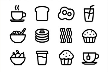 Minimalist black icons of breakfast foods and drinks on gradient background