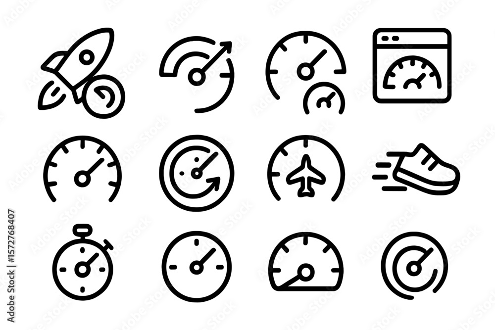 Aufkleber black linear icon set of speed and progress symbols on dark background