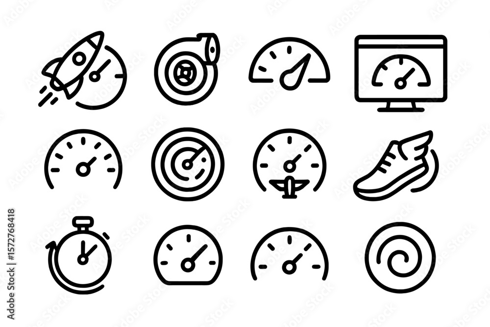 Poster speed and performance icons in modern outline style for digital projects