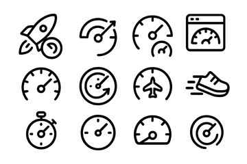 Fototapeta premium Black linear icon set of speed and progress symbols on dark background