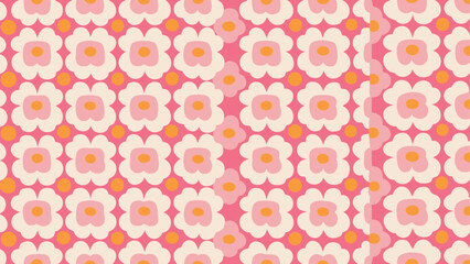 Repeating flower pattern with pink backdrop and orange dots in a retro style design element