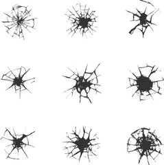 Set illustrations of cracked glass isolated on transparent background. Vector graphics