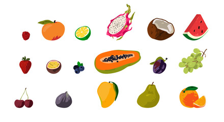 Obraz premium Tropical fruits set. Healthy exotic food. Natural fresh exotic vitamin. Cut papaya, lemon half, grapes, watermelon slice, berries. Flat vector illustrations isolated on white background.