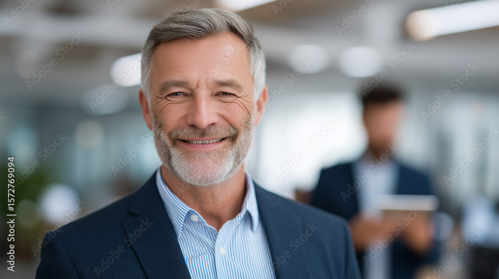 Poster smiling senior management in modern open office using technology