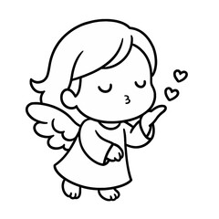 Cute Angel Girl Blowing Kiss with Hearts Line Art Illustration