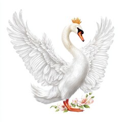 Obraz premium Elegant White Swan with Golden Crown and Flowers Isolated on White Background