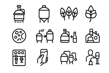 Craft beer brewing icons set featuring brewery equipment and ingredients in linear style