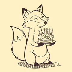 cute fox with a birthday cake, happy birthday sketch