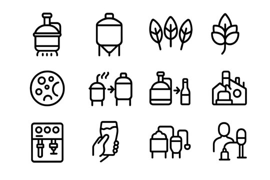 Craft beer brewing icons set featuring brewery equipment and ingredients in linear style