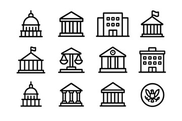 Minimalist icon set of government and legal buildings in linear style on dark background