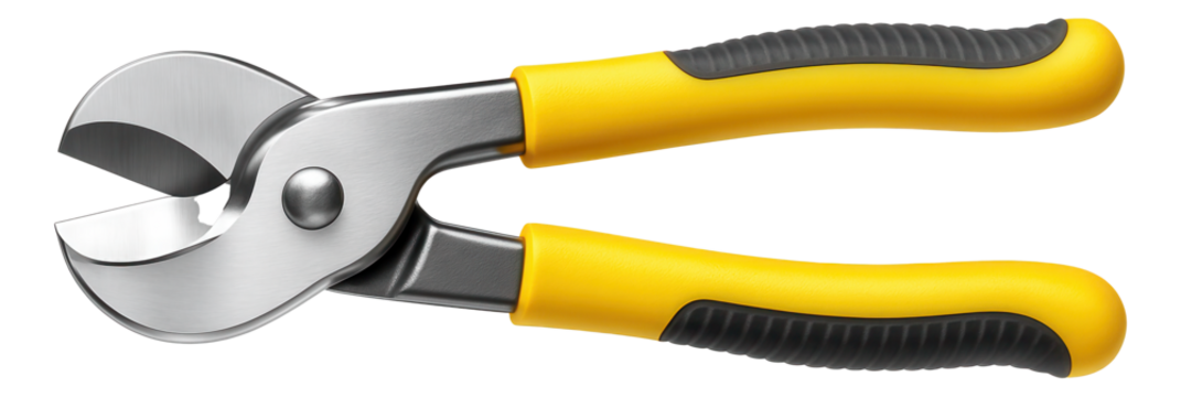 Hand cable cutter with dual cutting edges and yellow grips for versatile use in electrical workshops.