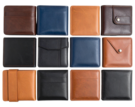 Set of Leather Wallets in Assorted Colors and Styles Neatly Arranged Isolated on Transparent Background PNG