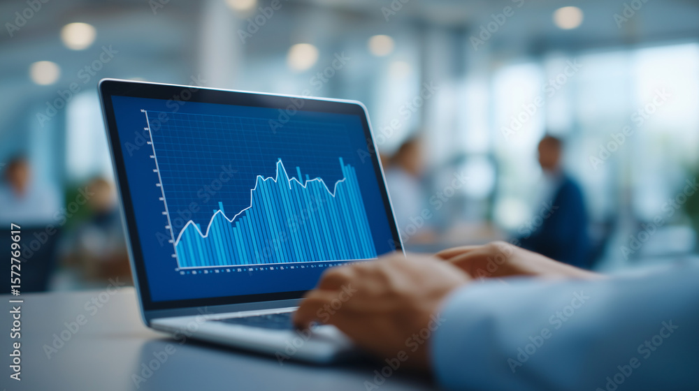 Poster analyzing business data in a modern office setting with teamwork