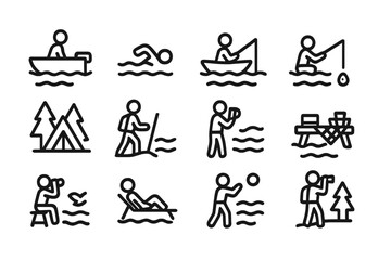 Outdoor activities icons: fishing, hiking, camping, and more in minimal outline style