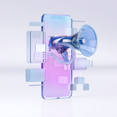 Smartphone, megaphone with 3D digital interface, pastel colors. mobile applications, marketing, advertising, sale promotion, digital and social media, TV news, propaganda, protest, technology branding
