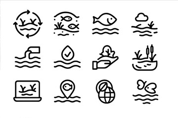 Outline icons set for aquatic conservation and water ecosystems