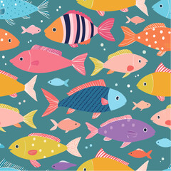 Naklejka premium Seamless vector pattern with school of colorful fish. Underwater animal background. Texture with abstact wildlife illustration. Wallpaper, wrapping paper, textile ...