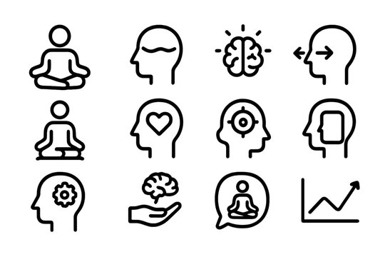 Meditation and mindfulness icons on dark background: awareness, focus, and calm symbols in linear design