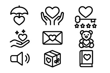 Love and care icons collection: key, heart, gift, bear, book, and more in linear style