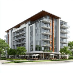 Modern Condominium Building with Balconies and Restaurant on the Ground Floor