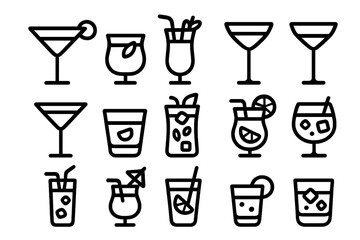 Minimalist cocktail icons set: outline drink glasses in linear style