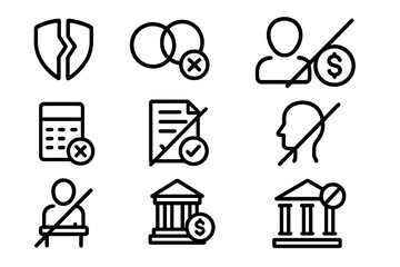 Financial and legal prohibition icons set in minimalist black linear style