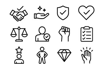Business and relationship icon set with handshake, heart, shield, scales, and star motifs