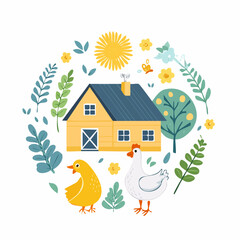 Set of cute cottagecore illustrations. Farmhouse, barn, crops, flowers, goose and chicken. Gardening and countryside lifestyle. Spring and summer village. Vector ...
