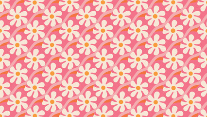 Retro floral pattern with white daisies and orange accents on a pink background in a repeating design