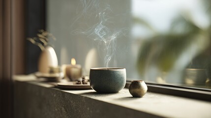Window ledge with incense burning and minimal ceramic decor