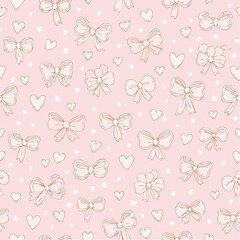 Seamless vector pattern with cute coquette bows, ribbons, flowers, cherry, hearts. Elegant vintage background in pastel pink color. Hand drawn line art girly wallpaper, wrapping paper, ...
