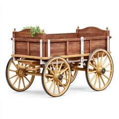 Fototapeta premium Vintage Wooden Wagon Cart with Wheels and Greenery on White Background
