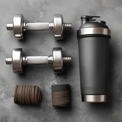 Fitness equipment arranged on a gray surface, perfect for a workout theme.