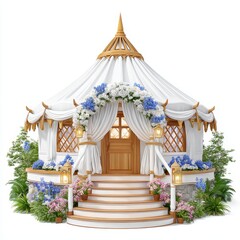 Elegant White Tent with Floral Archway and Wooden Details for Weddings and Events